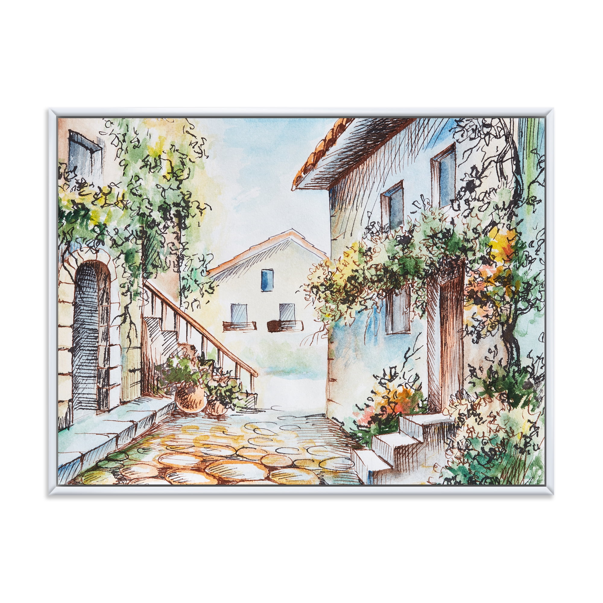 Sunny Day At The Vintage City Cozy Street 20 in x 12 in Framed Painting Canvas Art Print, by Designart