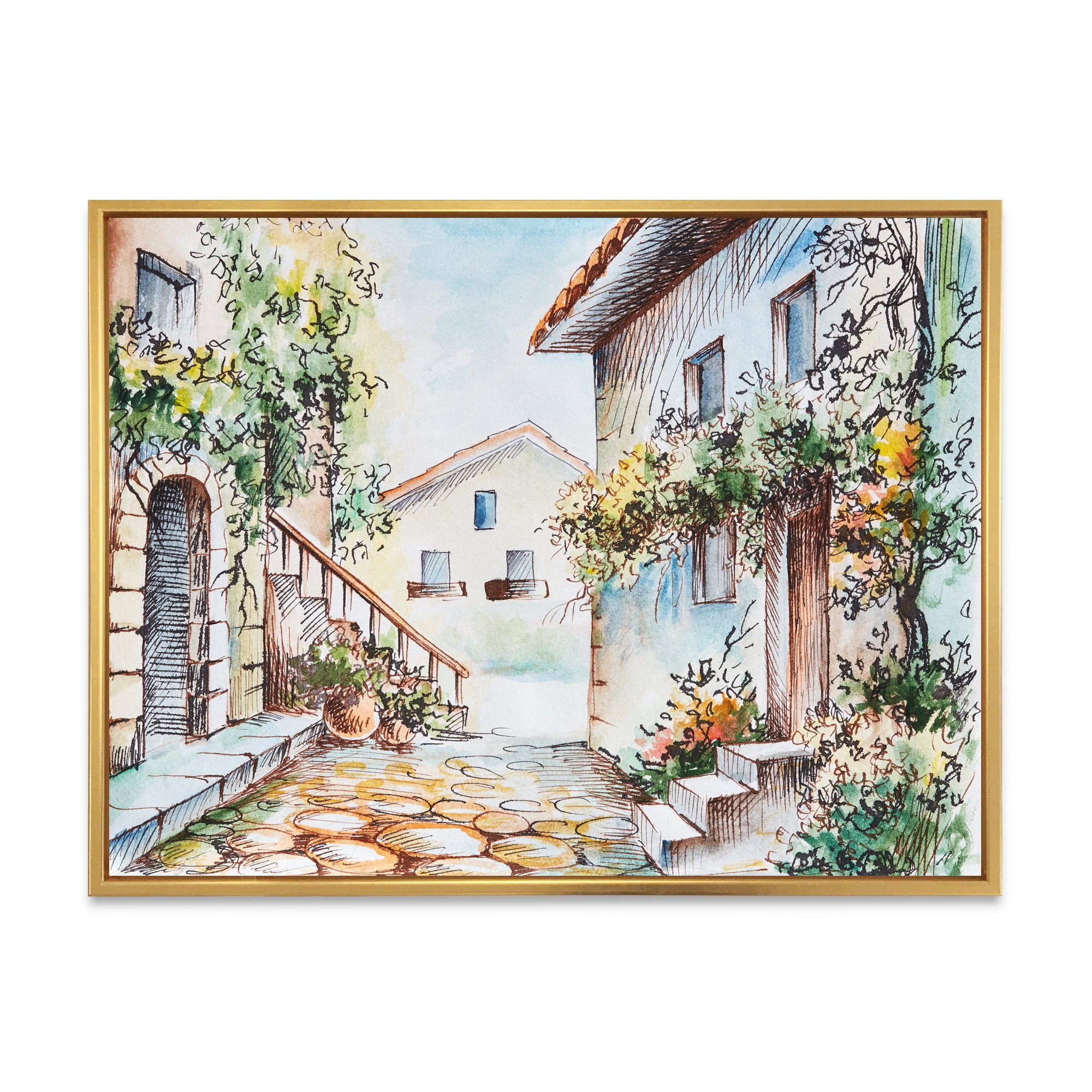 Sunny Day At The Vintage City Cozy Street 40 in x 30 in Framed Painting Canvas Art Print, by Designart