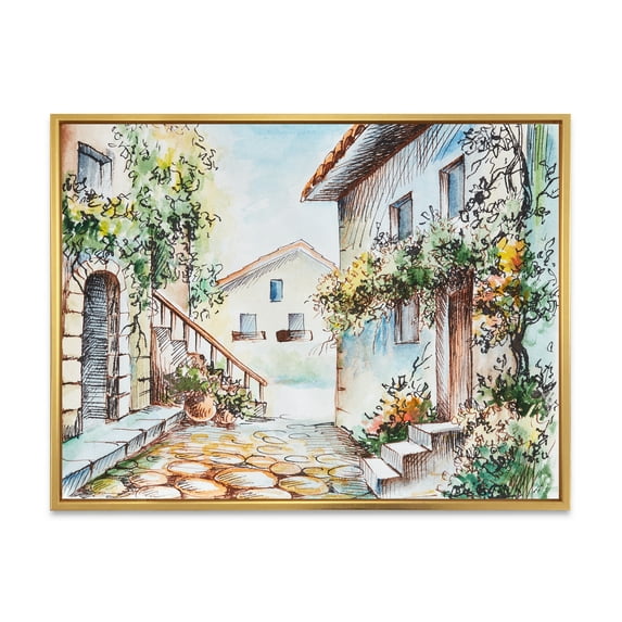 Sunny Day At The Vintage City Cozy Street 40 in x 30 in Framed Painting Canvas Art Print, by Designart