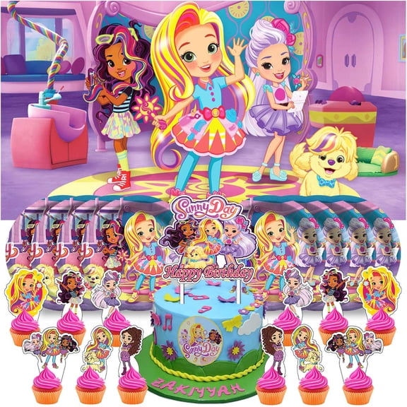 Sunny Day Birthday Party Decor Set - 5x2.3ft Backdrop Banner, Paper Plates, Cake Toppers & Fan Decorations