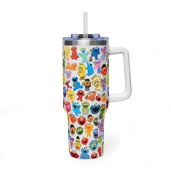 Sunny Days Character Collage 40oz Tumbler with Handle, Nostalgic Neighborhood Quencher, Elmo and Cookie Monster Travel Mug