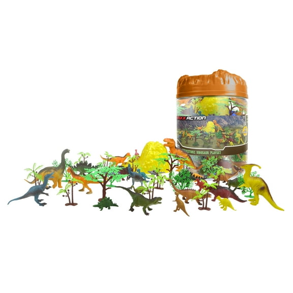Maxx Action Toy Dinosaur Figures Playset with Prehistoric Tyrannosaurus Rex, Triceratops, Velociraptor, Stegosaurus, Volcanos, Plants, Trees and More