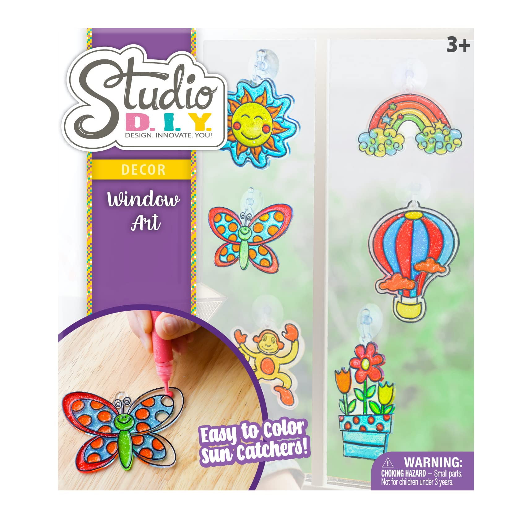 Sunny Days Entertainment Studio DIY Window Art | Kids Stained Glass Window Kit with 12 Sun Catchers, 6 Colored Paint Pens, and Bonus Sticker Sheet