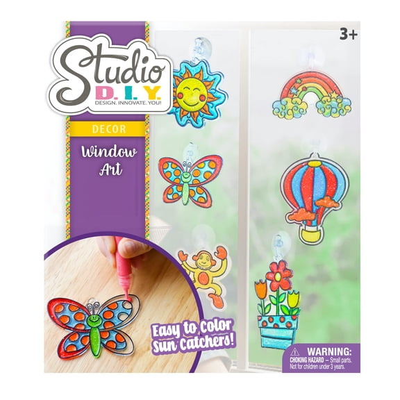 Sunny Days Entertainment Studio DIY Window Art | Kids Stained Glass Window Kit with 12 Sun Catchers, 6 Colored Paint Pens, and Bonus Sticker Sheet