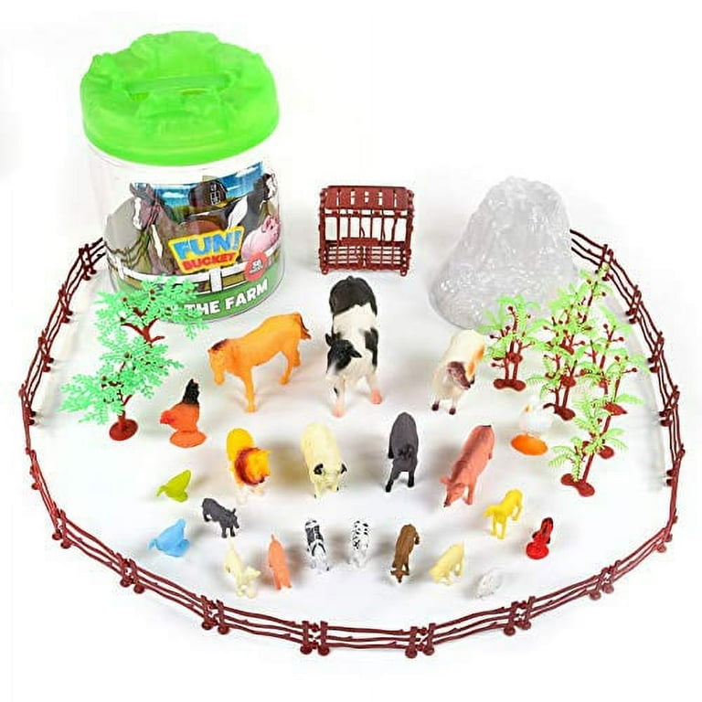 Sunny Days Farm Animals Bucket 56 Piece Toy Play Set for Kids Horses and More Plastic Figures Playset with Storage Bucket