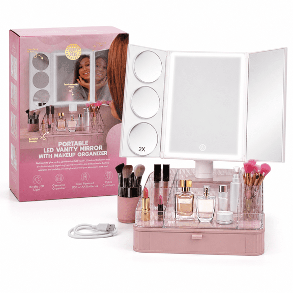Sunny Days Portable LED Vanity Mirror with Makeup Organizer, Foldable Travel Makeup Mirror with Lights, Cosmetic Storage Case, Dual Power USB or AA Battery