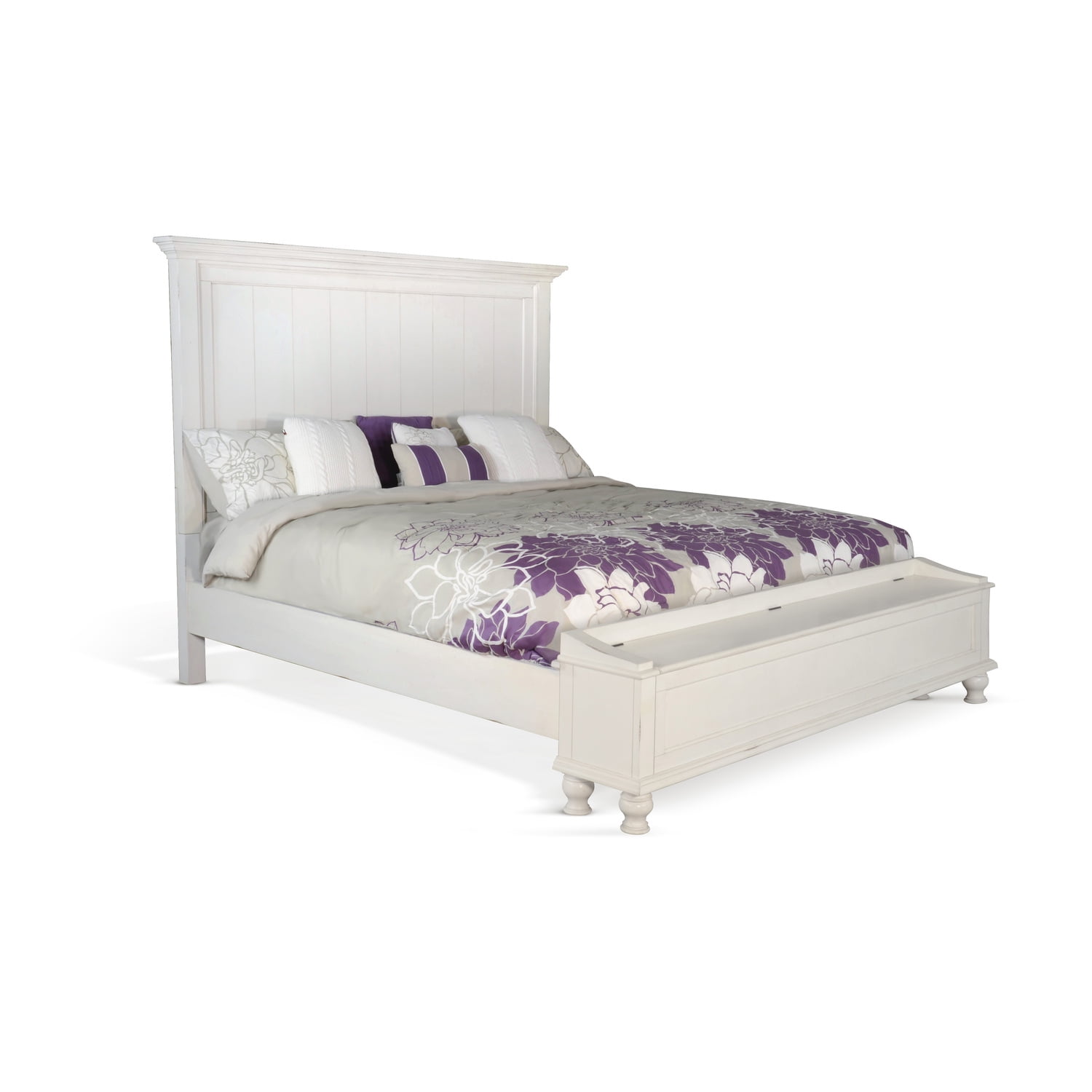 Off-White Mahogany Coastal King Panel Bed with Upholstered Headboard