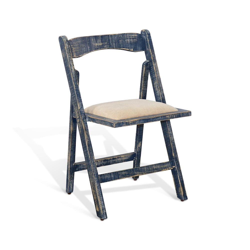 Distressed Blue Wood Folding Dining Chair with Upholstered Seat