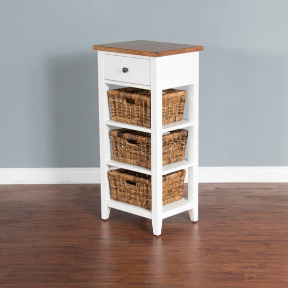 Sunny Designs Farmhouse Wood Storage Rack with Woven Baskets in White/Natural