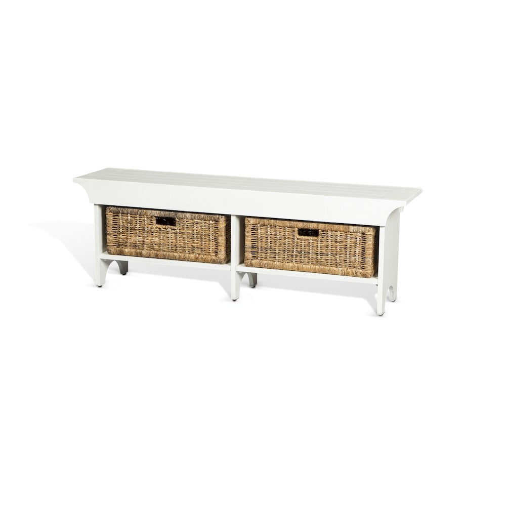 Manor House 18" White Mahogany Storage Bench with Rattan Baskets