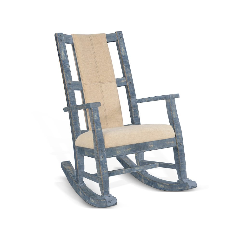 Mahogany Blue and Beige Wooden Rocking Chair with Cushions