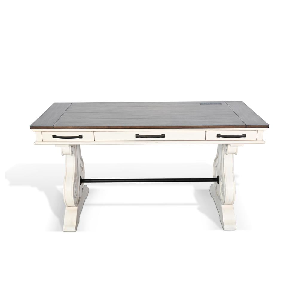 White and Gray Wood Desk with Power Outlet and Drawers