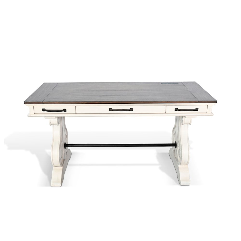 White and Gray Wood Desk with Power Outlet and Drawers