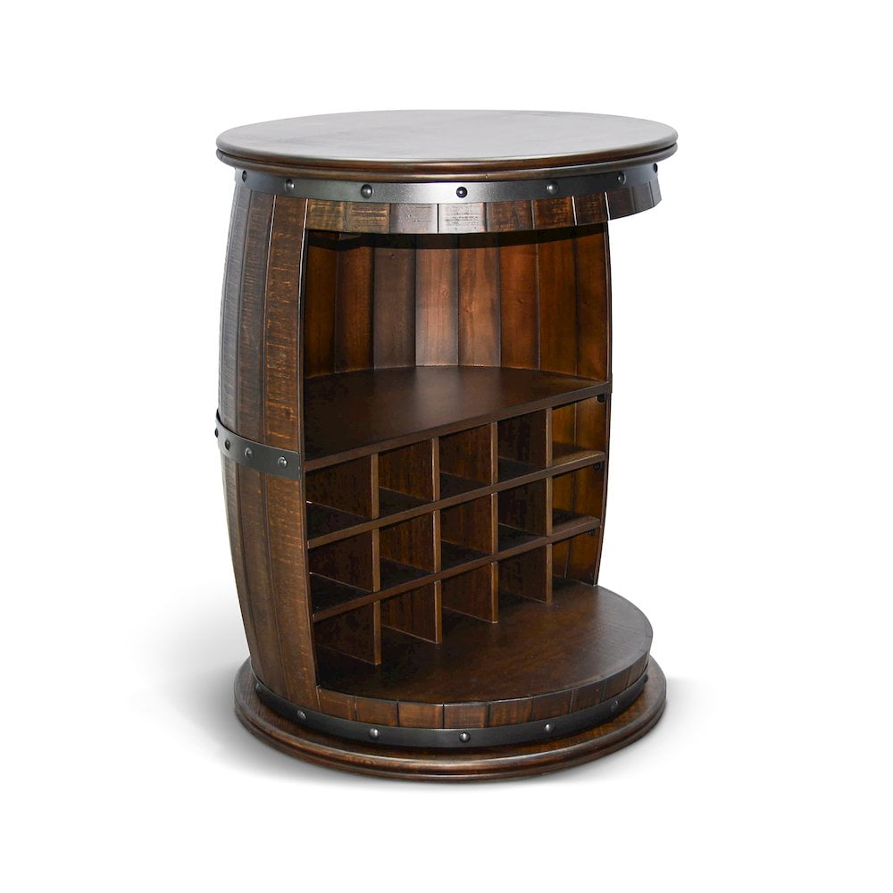 Rustic Brown Barrel Wine Rack with Metal Accents