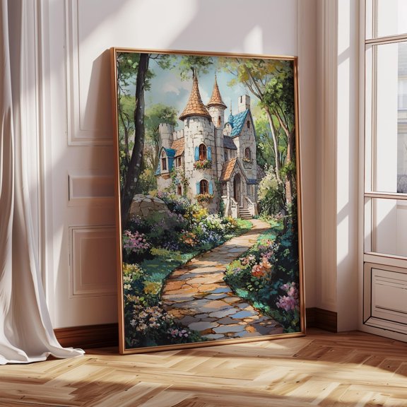 Sunny Fairytale Castle Print – Stone Cottage With Blue Roof And Garden Path – Whimsical Fantasy Art For Storybook Wall Decor Wall Art, Modern Wall Decor, 8x12 UNFRAMED