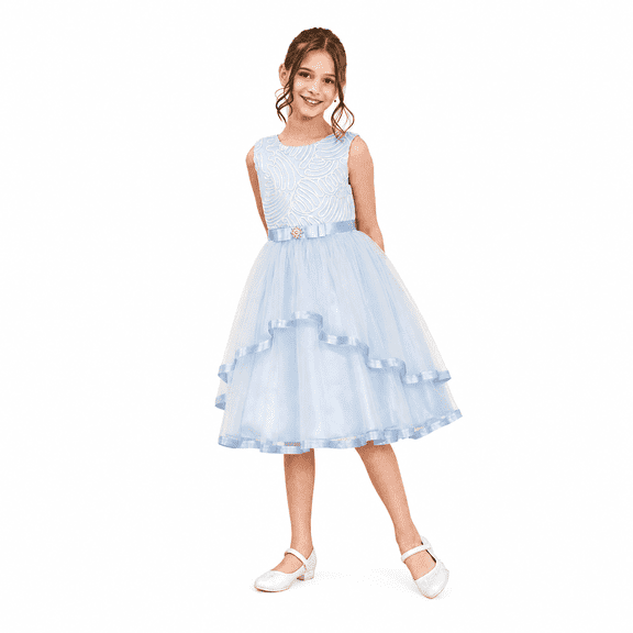 Sunny Fashion Flower Girls Dress Blue Belted Bridesmaid Wedding Party Dress 4