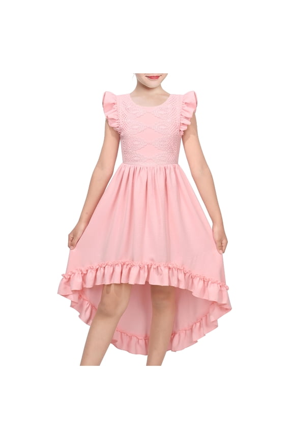 Flower Girls Dress Blush Pink Lace Ruffle Trim High Low Romantic Casual Formal Spring Pageant 12 Years