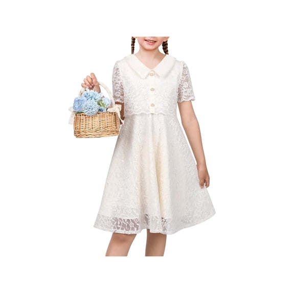 Sunny Fashion Flower Girls Dress Ivory Floral Lace Button Short Sleeve Communion Wedding Formal 7 Years