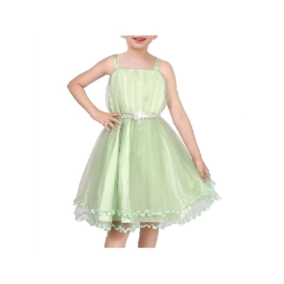 Sunny Fashion Flower Girls Dress Tulle Spaghetti Strap Pearl Ruffle Hem Wedding Bridesmaid Green 4 Years