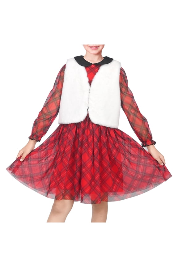 Girls 2 Pieces Set Dress Red Plaid White Faux Fur Vest Christmas Vintage Outfit Winter 7 Years