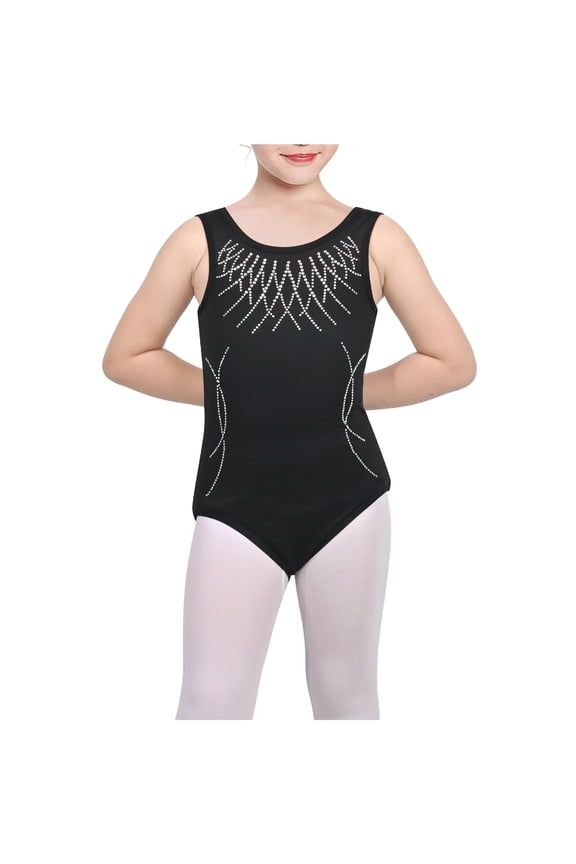 Girls Black Sparkle Rhinestone Metallic Bodysuit Leotard Ballet Yoga Gym 7-8 Years