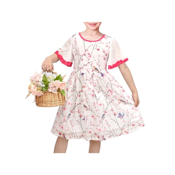 Sunny Fashion Girls Chiffon Dress Floral Bird Print Short Flutter Sleeve Casual Summer Dresses 6 Years