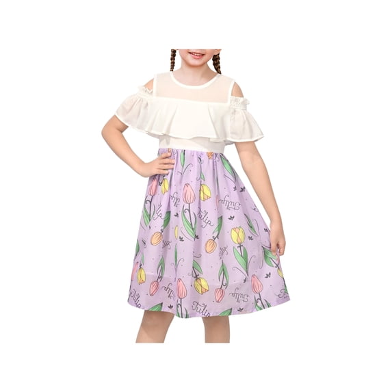 Sunny Fashion Girls Cold Shoulder Dress Chiffon Ruffle Sleeves White And Purple Tulip Floral Print 6 Years