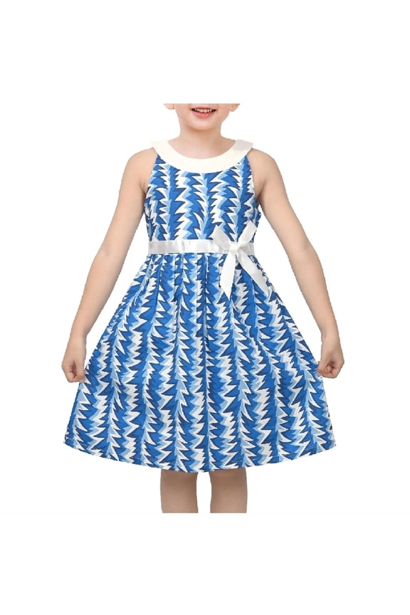 Girls Cotton Dresses With White Belt Blue Leaf Pattern A Line Knee Length Sleeveless Summer Sundress 10 Years