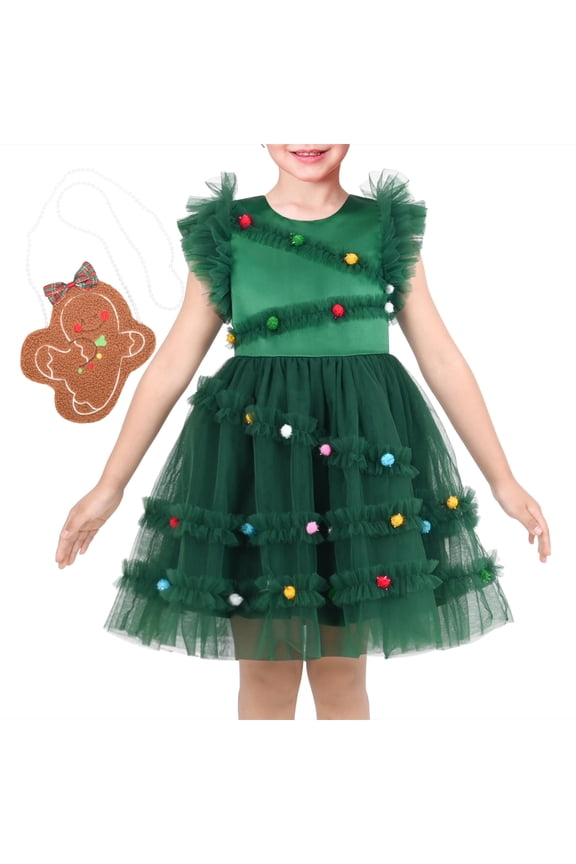 Girls Dress 2 Piece Set Bag Emerald Poms Christmas Tree Tiered Tulle Ruffle Holiday 6 Years