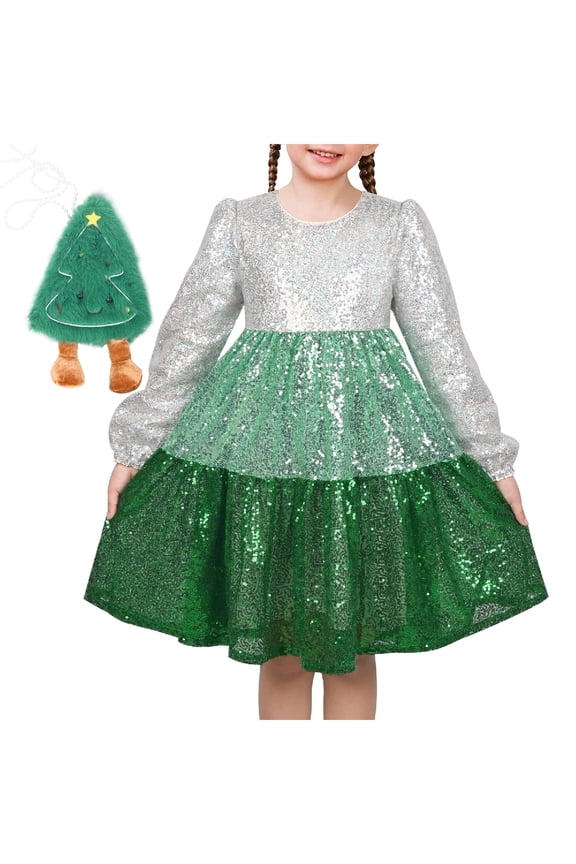 Girls Dress 2 Piece Set Bag Silver Green Sequin Tiered Christmas Tree Winter Party 7 Years