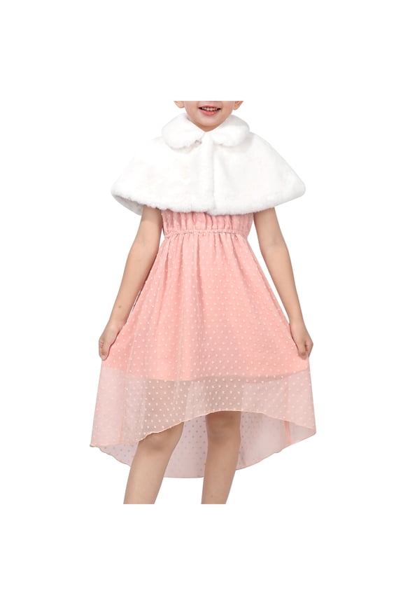 Girls Dress 2 Piece Set High Low Blush Chiffon Halter Polka Dot White Cape Xmas Winter 6 Years