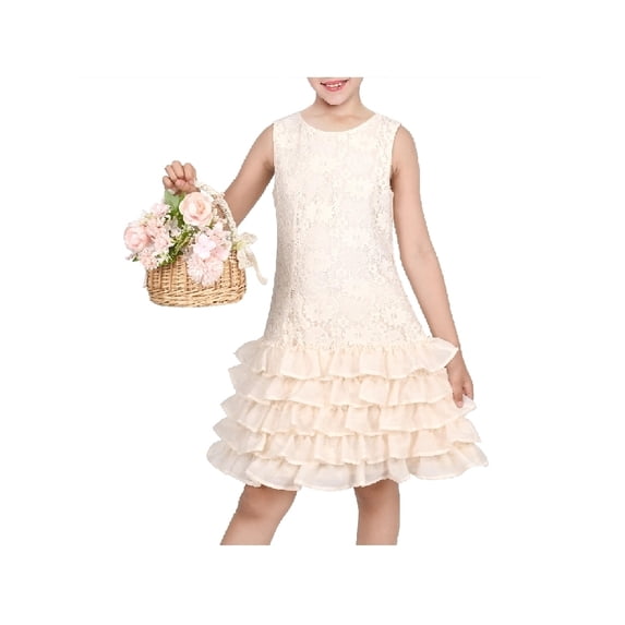 Sunny Fashion Girls Dress Beige Lace A-Line With Tiered Ruffle Hem Sleeveless Round Neck Party Wedding 7 Years