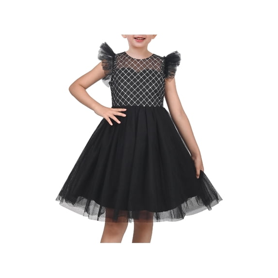 Sunny Fashion Girls Dress Black Diamond Lattice Mesh Ruffle Sleeve Casual Party Stage Performance 8 Years