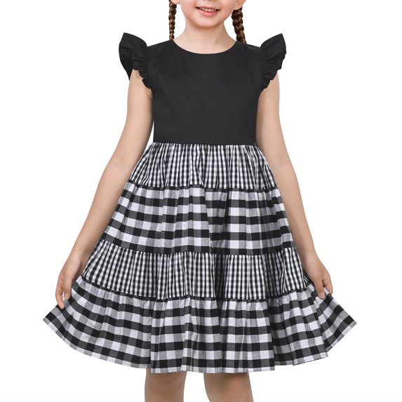 Sunny Fashion Girls Dress Black Gingham Plaid School Student Ruffle Cap Sleeve 5 Years