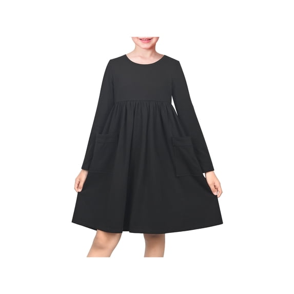 Sunny Fashion Girls Dress Black Side Patch Pocket Long Sleeve Soft Casual Minimalist Daily Wear Kids Attire 8 Years