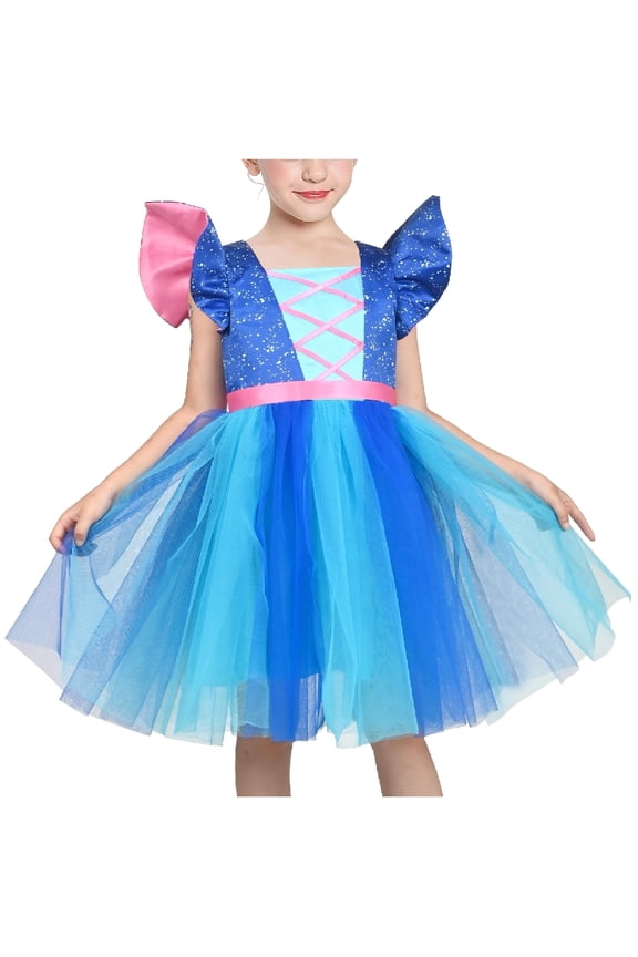 Girls Dress Blue Alien Galaxy Flutter Sleeve Sparkle Tulle Tiered Princess Costume 3 Years