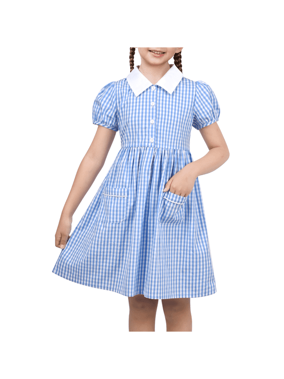 Girls Dress Blue Gingham Plaid Pocket School Puff Sleeve With Scrunchy 7 Years