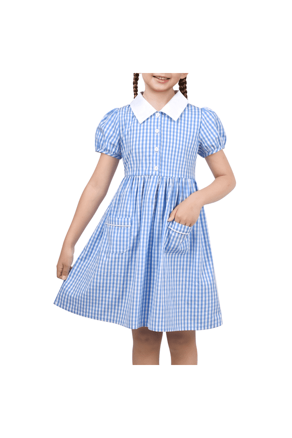 Girls Dress Blue Gingham Plaid Pocket School Puff Sleeve With Scrunchy 8 Years