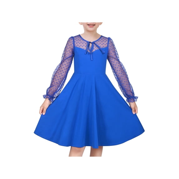 Sunny Fashion Girls Dress Blue Knit Sheer Polka Dot Keyhole Flutter Flared Birthday Dance Holiday 12 Years