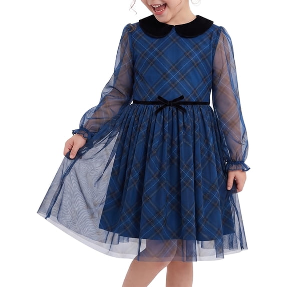 Sunny Fashion Girls' Long Sheer Sleeve Peter Pan Collar Plaid Mesh Blue Dress (Big Girls)