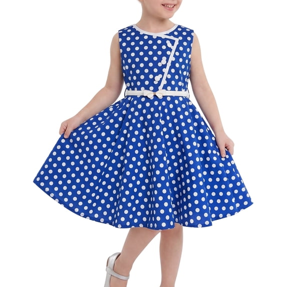 Sunny Fashion Girls' Sleeveless Polka Dot Cotton Bow Belt Vintage Blue Dress (Big Girls)