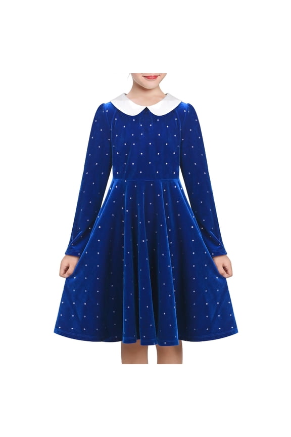 Girls Dress Blue Sparkle Polka Dot White Collar Casual Warm Winter 7 Years