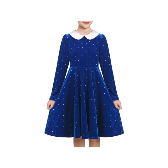 Sunny Fashion Girls Dress Blue Sparkle Polka Dot White Collar Casual Warm Winter 8 Years