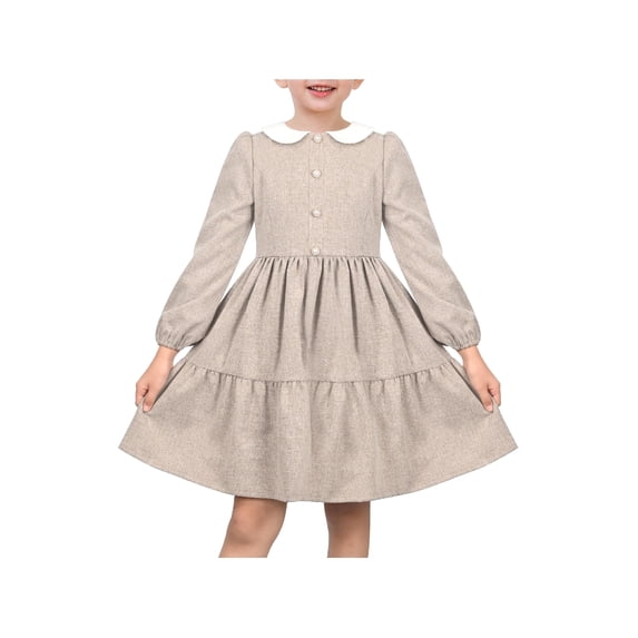 Sunny Fashion Girls Dress Brown Pearl Button Long Puff Sleeve Classic Weekend Outing Gentle Lightweight 7 Years