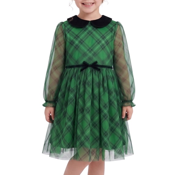Sunny Fashion Girls' Long Sheer Sleeve Peter Pan Collar Plaid Tulle Green Dress