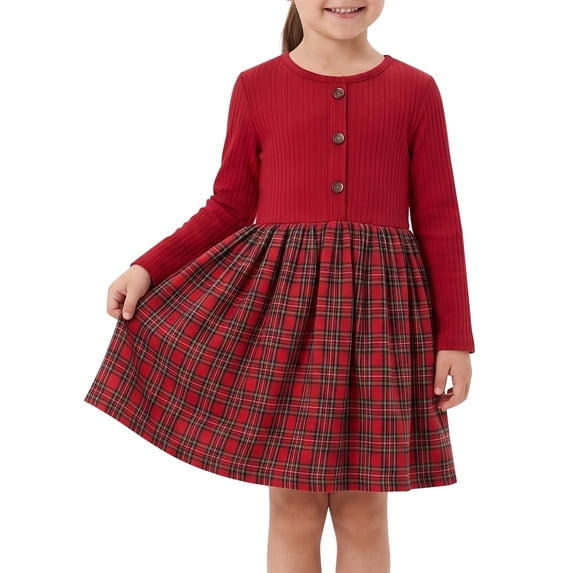 Sunny Fashion Girls' Long Sleeve Ribbed Knit Bodice Tartan Plaid Red Dress (Little Girls)