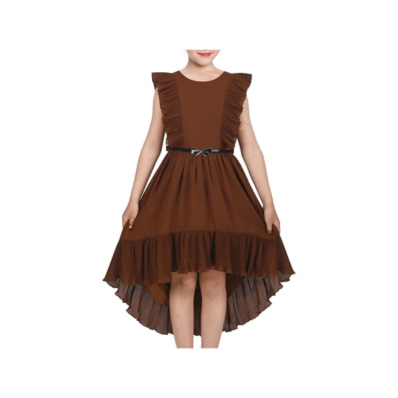 Sunny Fashion Girls Dress Coffee Ruffle Butterfly High Low Irregular Hem Sweet Birthday Party 10 Years