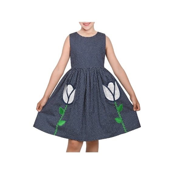 Sunny Fashion Girls Dress Cotton Dark Blue Polka Dot Floral Pocket Sleeveless Outdoor School Sundress 5 Years