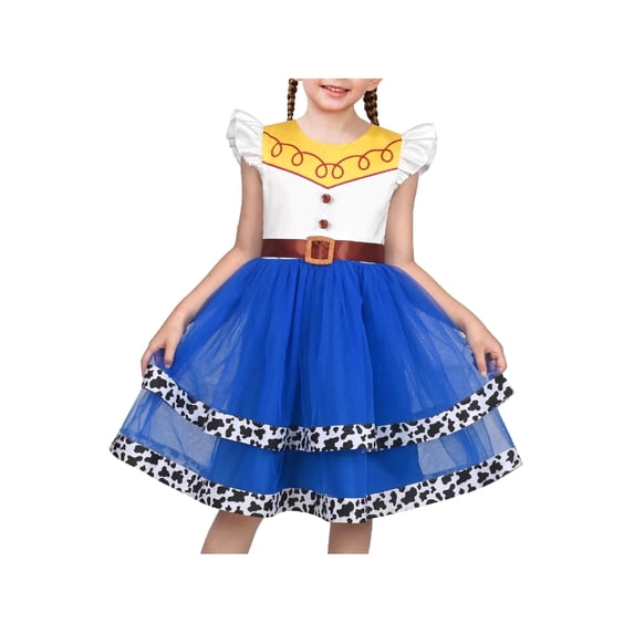 Sunny Fashion Girls Dress Cowgirl Rodeo Ruffle Sleeve Tiered Blue Tulle Western Party Costume 5 Years