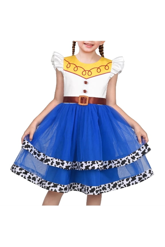 Girls Dress Cowgirl Rodeo Ruffle Sleeve Tiered Blue Tulle Western Party Costume 7 Years